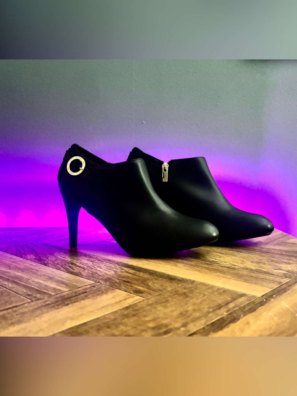 Sexy Jones New York Black Ankle Heel Booties with Gold Ring
